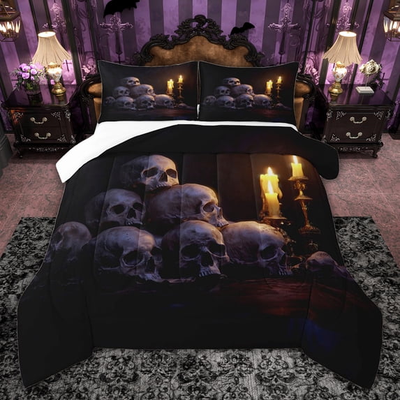 jejeloiu Spooky Skeleton Full Size Comforter Sets,Goth Skull Bedding Sets For Men Women 3pcs