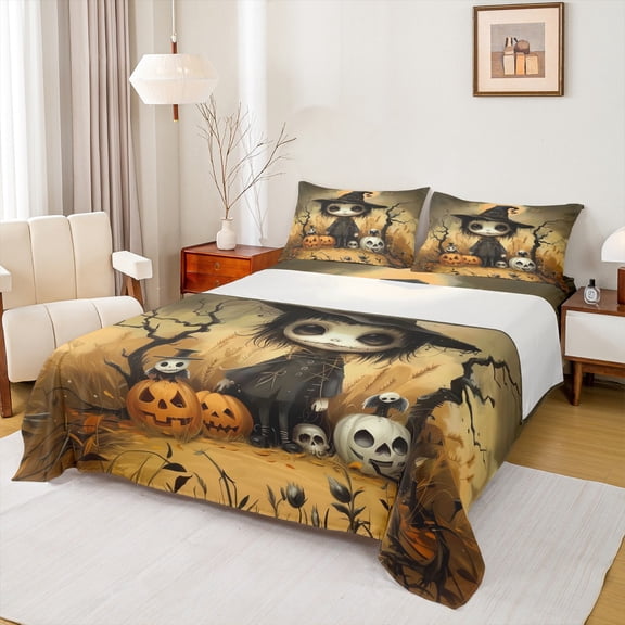 jejeloiu Spooky Skeleton Pumpkin Bed Sheets,Halloween Theme King Sheets,Rustic Farmhouse Cabin Sheet Set For Child,Ultra Soft Bedroom Decorative,4-Piece