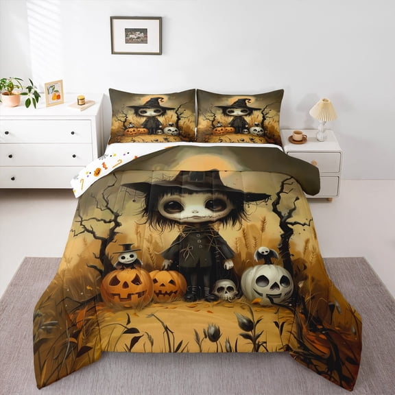 jejeloiu Spooky Skeleton Pumpkin Queen Comforter Set,Halloween Theme Bedding Sets,Rustic Farmhouse Cabin Bedding Comforter Set For Child,Ultra Soft Bedroom Decorative Reversible,3pcs