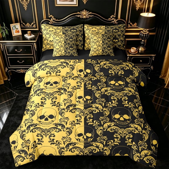 jejeloiu Spooky Skull 7-Piece King Bedding,Victorian Damask Flower King Bed in a Bag For Adults,Gold Black,Black Reversible