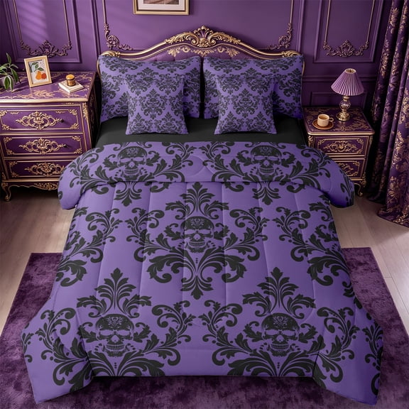 jejeloiu Spooky Skull 7pcs Queen Bedding,Damask Pattern Bedding Comforter Set Queen For Adults,Purple Black,Black Reversible