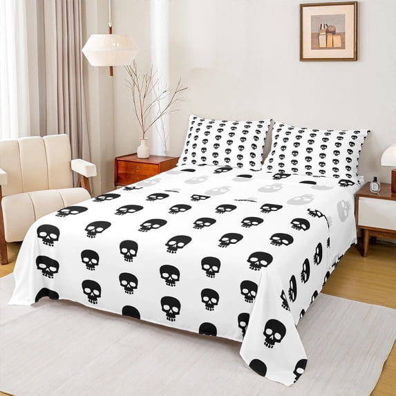 jejeloiu Spooky Skull Bed Sheets,Gothic Skeleton King Sheets,White Black Sheet Set For Girls Boys,Ultra Soft Home Decor,4 Pieces