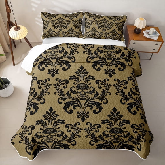 jejeloiu Spooky Skull Bed Spread Queen,Damask Pattern Queen Coverlet Set For Adults,Gold Black,3-Piece