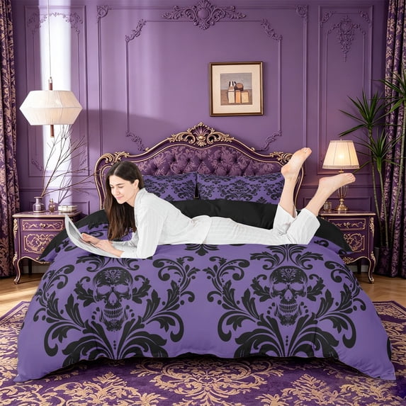 jejeloiu Spooky Skull Duvet Cover Queen,Damask Pattern Queen Bedding For Adults,Purple Black,Black Reversible,3 Pieces,1 Duvet Cover and 2 Pillowcases