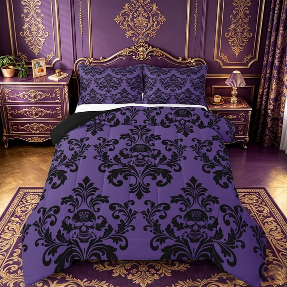 jejeloiu Spooky Skull Queen Comforter Set,Damask Pattern Comforter Sets Queen For Adults,Purple Black,Black Reversible,3 Pieces,1 Comforter and 2 Pillowcases