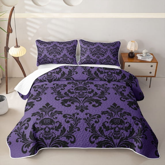 jejeloiu Spooky Skull Twin Quilt Set,Damask Pattern Twin Coverlet Set For Adults,Purple Black,2pcs