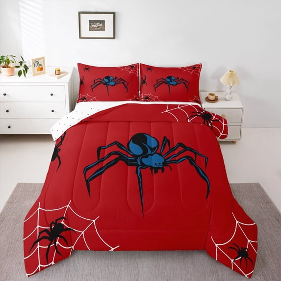 jejeloiu Spooky Spider Bedding Comforter Set,Happy Halloween Twin Comforter Sets,Red Black Bedding Set For Teens,Breathable Home Decor Reversible,2 Pieces