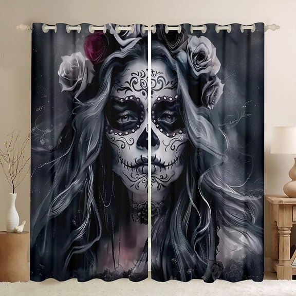 jejeloiu Spooky Sugar Skull Black Out Curtains,Happy Halloween Curtains Pack of 2 (42x63 Each),Gothic Theme Bedroom Curtains For Boys Girl,Breathable Home Decor