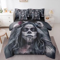 jejeloiu Spooky Sugar Skull Twin Bedding Sets 7-Piece,Happy Halloween Bedding Comforter Set,Gothic Theme Sheet Sets For Boys Girl,Breathable Home Decor Reversible