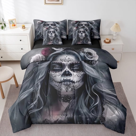 jejeloiu Spooky Sugar Skull Twin Bedding Sets 7-Piece,Happy Halloween Bedding Comforter Set,Gothic Theme Sheet Sets For Boys Girl,Breathable Home Decor Reversible