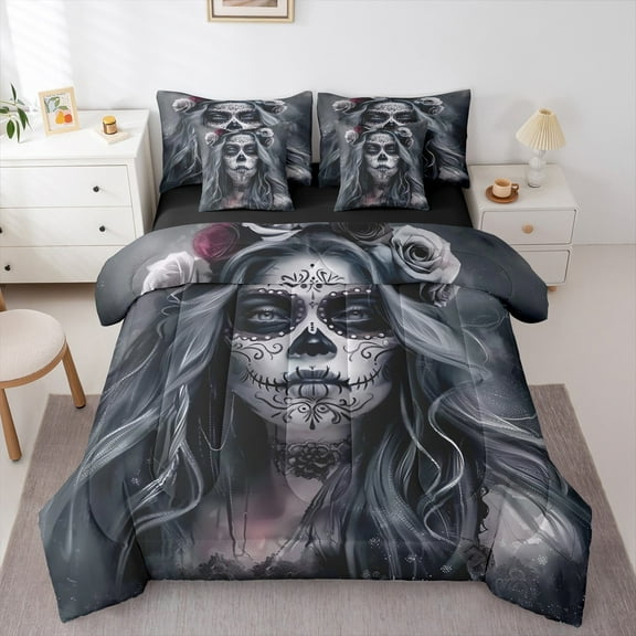 jejeloiu Spooky Sugar Skull Twin Bedding Sets 7-Piece,Happy Halloween Bedding Comforter Set,Gothic Theme Sheet Sets For Boys Girl,Breathable Home Decor Reversible