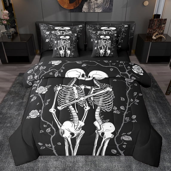 jejeloiu Spooky Valentine'S Day 7-Piece Bedding Comforter Set,Gothic Skull Skeleton King Bedding Sets,White Black Bed Sheets For Men Women,Super Cozy Room Decor Reversible