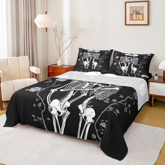 jejeloiu Spooky Valentine'S Day Bed Sheets,Gothic Skull Skeleton King Sheets,White Black Sheet Set For Men Women,Super Cozy Room Decor,4pcs