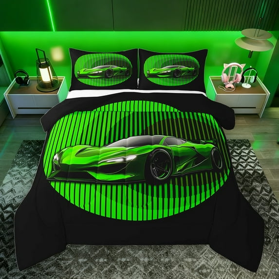jejeloiu Sport Car Full Size Comforter Sets,Speed Game Bedding Comforter Set,Green Black Bedding Sets For Boys Teens,Super Cozy Room Decor Reversible,3pcs