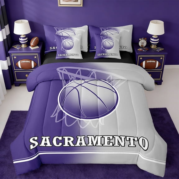 jejeloiu Sports Ball Game Twin Bedding Sets,7-Piece,Gray Sacramento Bedding Comforter Set,Basketball City Sheet Sets For Boy Kids,Breathable Room Decoration Reversible