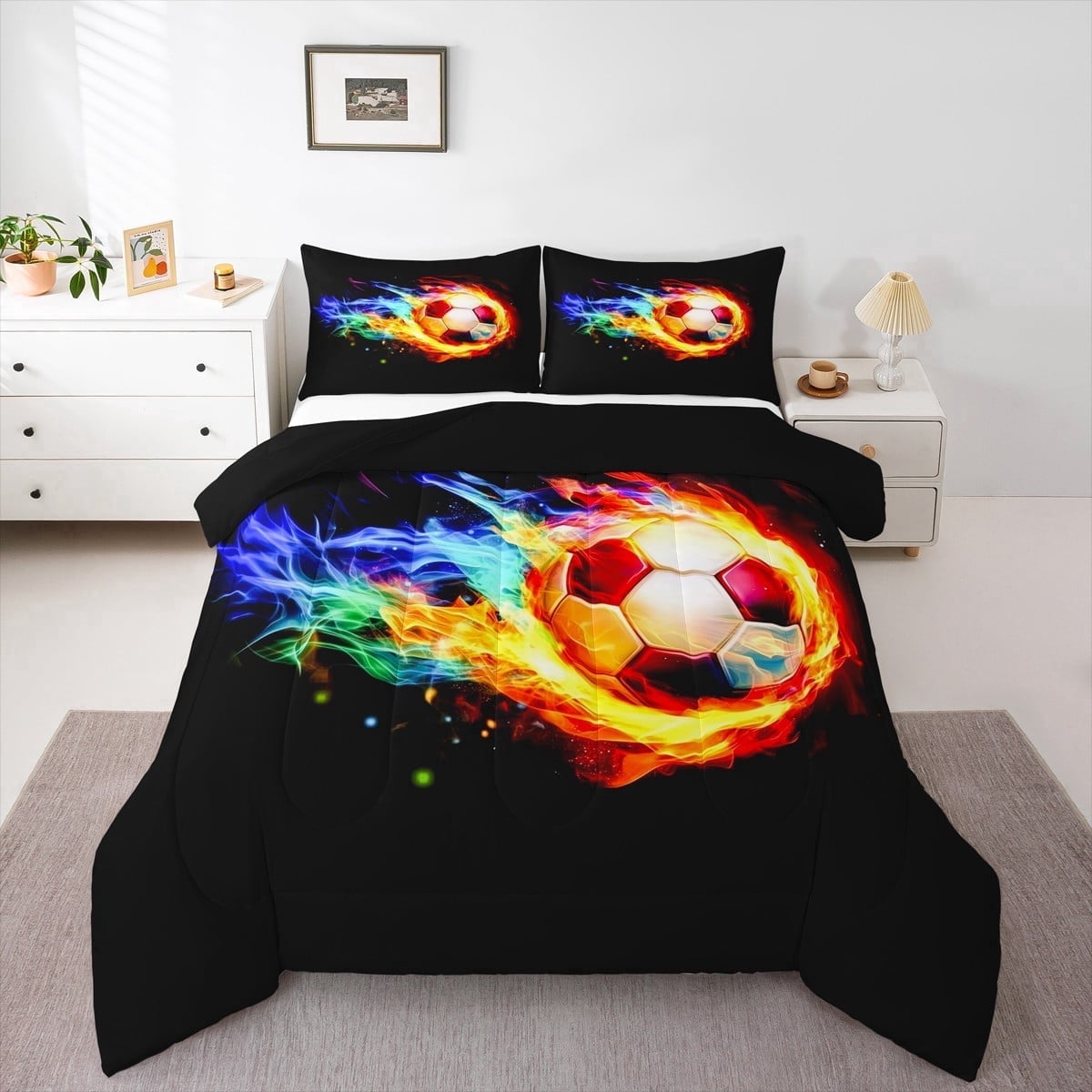 jejeloiu Sports Football Queen Comforter Set,Soccer Game Bedding Sets,Colorful Flame Bedding Comforter Set For Children,Super Cozy Bedroom Decor Reversible,3 Pieces