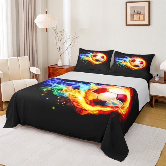 jejeloiu Sports Football Twin Sheet Sets,Soccer Game Twin Fitted Sheet,Colorful Flame Flat Sheet For Children,Super Cozy Bedroom Decor,3pcs