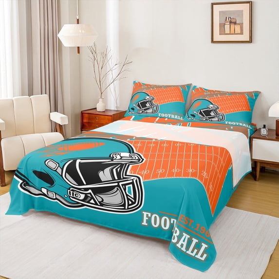 jejeloiu Sports Theme Bed Sheets,American Rugby King Sheets,Miami Sheet Set For Kids Boys,Microfiber Bedroom Decorative,4-Piece