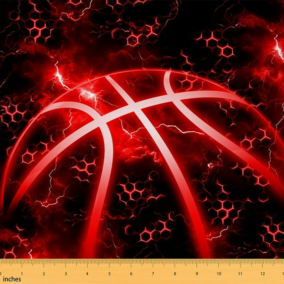 jejeloiu Sports Theme Fabric by the Yard 3 Yards,Red Basketball Sewing Fabric,Geometric Honeycomn Hexagon Fabric for Sewing For Children,Breathable Home Decor