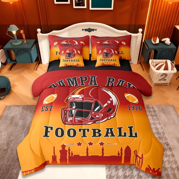 jejeloiu Sports Theme Twin Bedding Sets,7-Piece,American Ball Sport Bedding Comforter Set,Tampa Bay Sheet Sets For Kids Boys,Microfiber Bedroom Decorative Reversible
