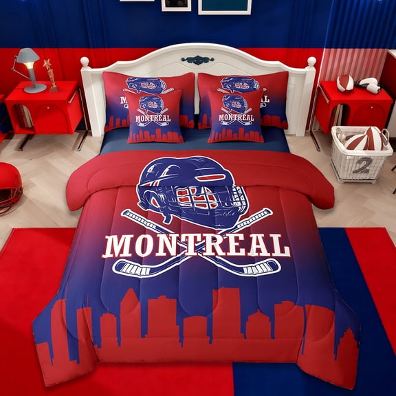 jejeloiu Sports Theme Twin Bedding Sets,7-Piece,Ice Hockey Bedding Comforter Set,Montreal Sheet Sets For Kids Boys,Microfiber Bedroom Decorative Reversible