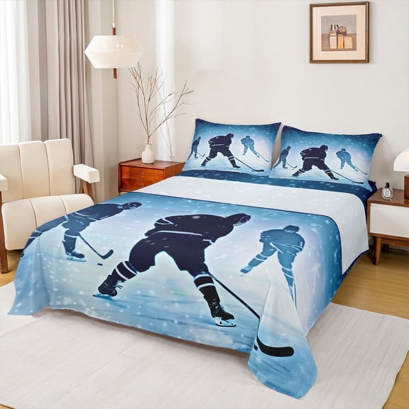jejeloiu Sports Theme Twin Sheet Sets,Ice Hockey Lover Twin Fitted Sheet,White Snowflake Flat Sheet Child,Luxury Bedroom Decor,3 Pieces