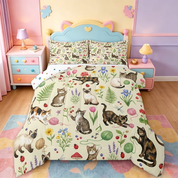 jejeloiu Spring Garden Cat Full Size Comforter Sets Kids,Floral Kitten Print Bedding Sets,Reversible,3pcs
