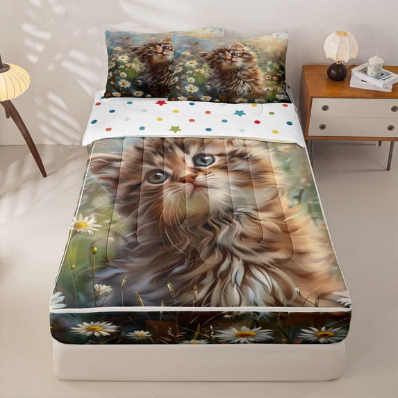 jejeloiu Sprint Garden Flowers Kitten Zipper Full Size Comforter Sets with Fitted Sheet and 2 Pillowcases Kids,Rustic Plant Daisy Zipper Bedding Set,Reversible,4 Pieces