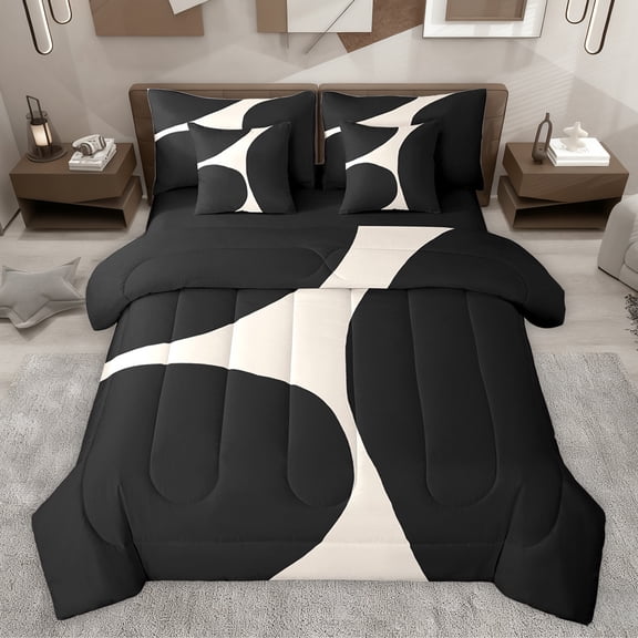 jejeloiu Square Pattern 7pcs Bedding Comforter Set,Modern Abstract Geometric Queen Bedding Sets,Beige Black Queen Sheet Sets For Men Women,Microfiber Bedroom Decor Reversible
