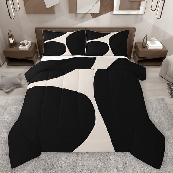 jejeloiu Square Pattern Bedding Comforter Set,Modern Abstract Geometric Twin Comforter Sets,Beige Black Bedding Set For Men Women,Microfiber Bedroom Decor Reversible,2pcs