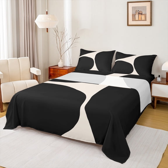 jejeloiu Square Pattern Queen Sheet Sets,Modern Abstract Geometric Flat Sheet,Beige Black Queen Fitted Sheet For Men Women,Microfiber Bedroom Decor,4 Pieces