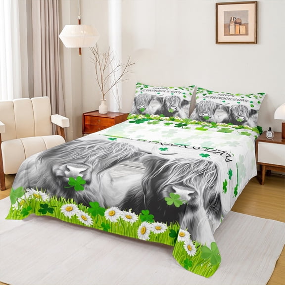 jejeloiu St.Patrick Day Bed Sheets,Lucky Clover Leaves King Sheets,Gray Highland Cow Cattle Sheet Set For Teens,Breathable Home Decor,4pcs