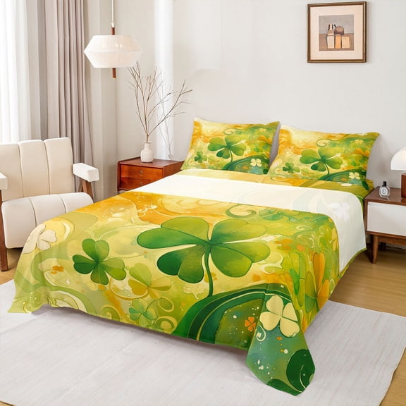 jejeloiu St.Patrick'S Day Bed Sheets,Green Flower Floral King Sheets,Lucky Four Leaves Clover Sheet Set For Teens,Microfiber Bedroom Decor,4 Pieces
