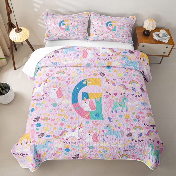 jejeloiu Star Unicorn Initial G Quilt King For Kids,Magical Rainbow Cartoon Monogram Print King Coverlet Set,3pcs