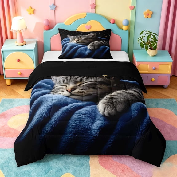 jejeloiu Starry Night Cat Twin Comforter Sets Kids,Pet Animal Print Bedding Set,Reversible,2-Piece