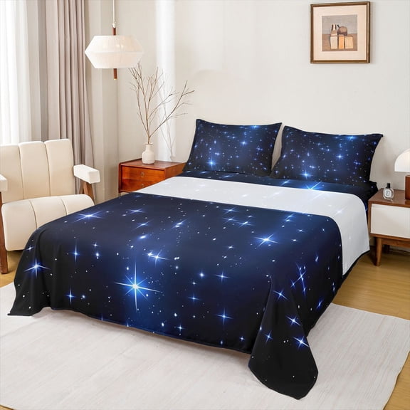jejeloiu Starry Night Twin Sheet Sets,Outer Space Twin Fitted Sheet,Blue Galaxy Flat Sheet For Girls Kids,Ultra Soft Home Decor,3 Pieces