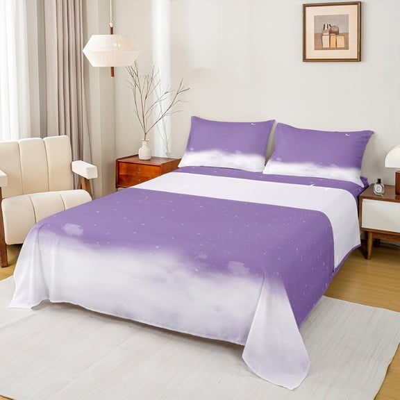 jejeloiu Starry Sky Clouds Twin Sheet Sets,Outer Space Galaxy Theme Twin Fitted Sheet,Purple White Ombre Flat Sheet For Girls,Super Cozy Room Decor,3pcs