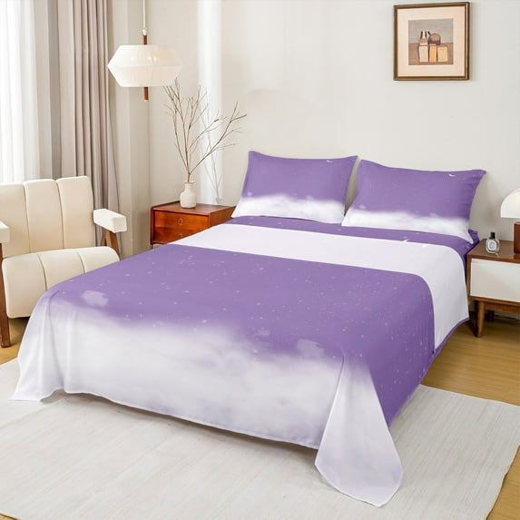 jejeloiu Starry Sky Clouds Twin Sheet Sets,Outer Space Galaxy Theme Twin Fitted Sheet,Purple White Ombre Flat Sheet For Girls,Super Cozy Room Decor,3pcs