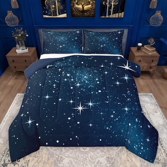 jejeloiu Starry Sky Queen Comforter Set,Galaxy Universe Bedding Sets,Blue White Bedding Comforter Set For Teens,Super Cozy Room Decor Reversible,3pcs