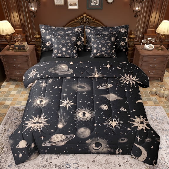 jejeloiu Stars Planet Moon 7-Piece Bedding Comforter Set,Universe Galaxy King Bedding Sets,Beige Black Bed Sheets For Adults,Microfiber Bedroom Decor Reversible