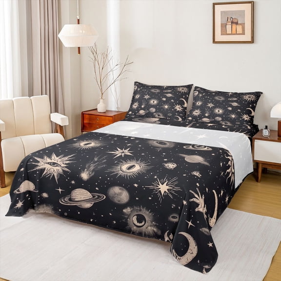 jejeloiu Stars Planet Moon Bed Sheets,Universe Galaxy King Sheets,Beige Black Sheet Set For Adults,Microfiber Bedroom Decor,4 Pieces