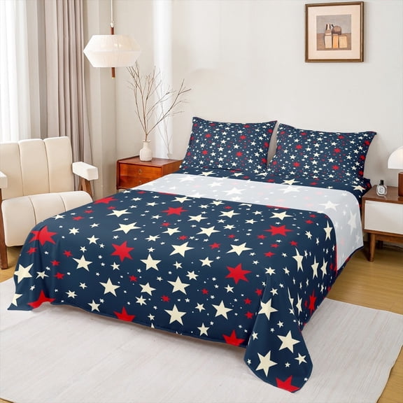 jejeloiu Stars Print Twin Sheet Sets,American Flag Twin Fitted Sheet,Blue White Red Flat Sheet For Boys Kids,Breathable Home Decor,3pcs