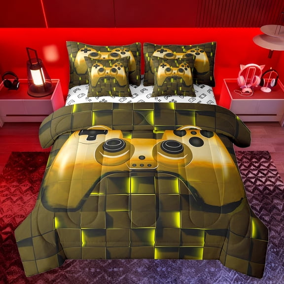 jejeloiu Stereoscopic Checkered 7-Piece Bedding Comforter Set,Yellow Game Console King Bedding Sets,Modern Video Game Bed Sheets For Men Women,Breathable Home Decor Reversible