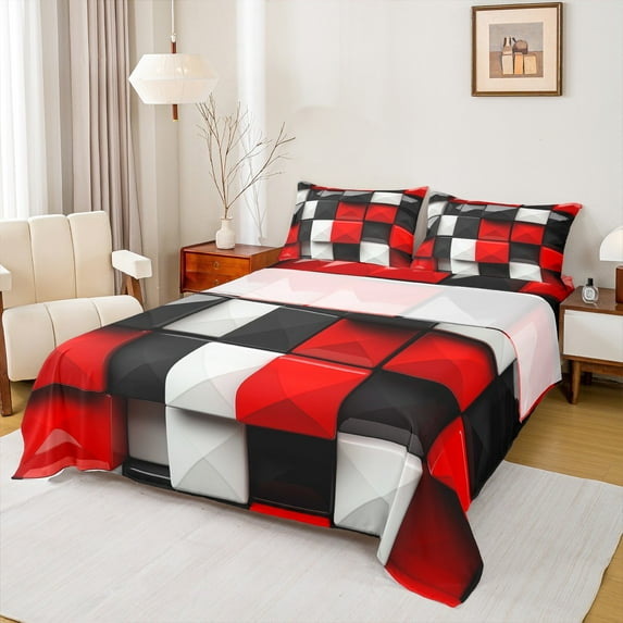 jejeloiu Stereoscopic Grid Bed Sheets,Modern Geometric Pattern King Sheets,White Red Black Sheet Set For Kids,Microfiber Bedroom Decor,4-Piece