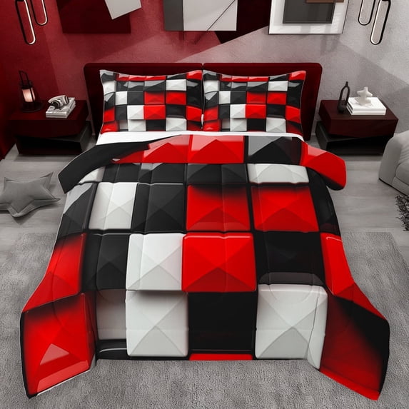jejeloiu Stereoscopic Grid Queen Comforter Set,Modern Geometric Pattern Bedding Sets,White Red Black Bedding Comforter Set For Kids,Microfiber Bedroom Decor Reversible,3pcs
