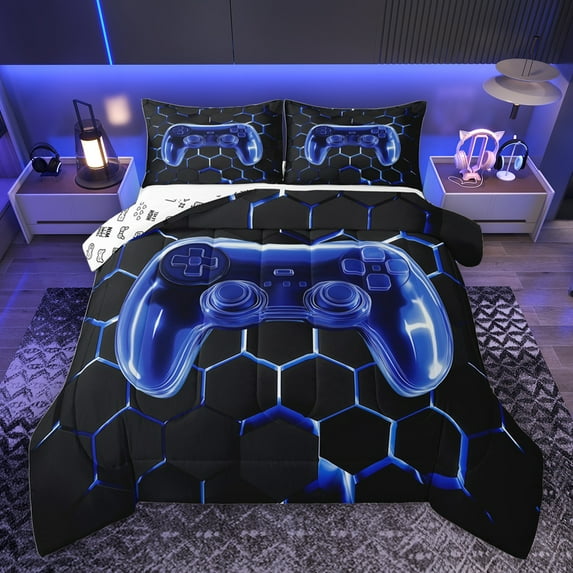 jejeloiu Stereoscopic Honeycomb Bedding Comforter Set,Blue Game Console Twin Comforter Sets,Modern Video Game Bedding Set For Men Women,Breathable Home Decor Reversible,2 Pieces