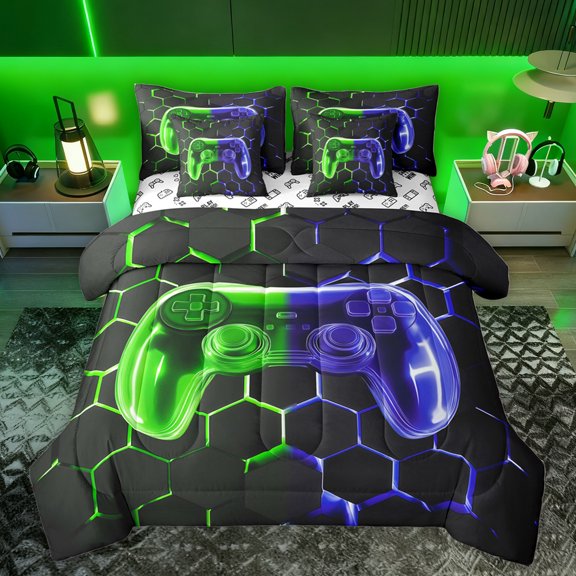 jejeloiu Stereoscopic Honeycomb Hexagon 7pcs Bedding Comforter Set,Modern Game Console Queen Bedding Sets,Gradient Green Blue Queen Sheet Sets For Men Women,Breathable Home Decor Reversible