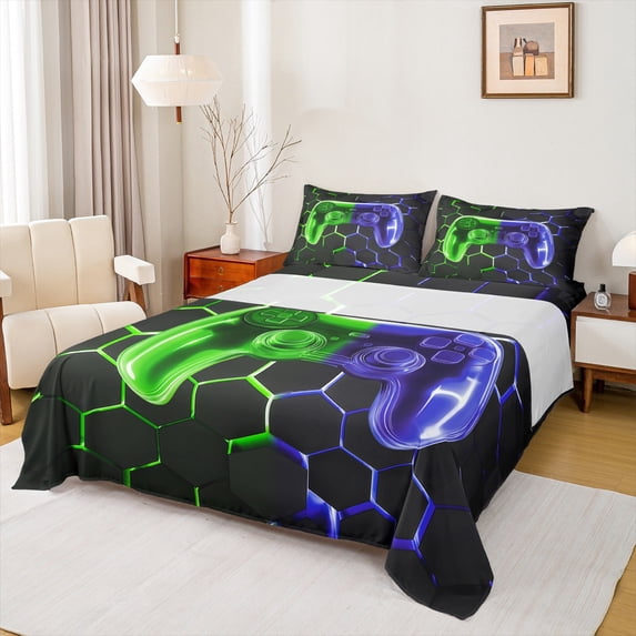 jejeloiu Stereoscopic Honeycomb Hexagon Full Size Sheets,Modern Game Console Bed Sheets,Gradient Green Blue Sheet Sets For Men Women,Breathable Home Decor,4pcs