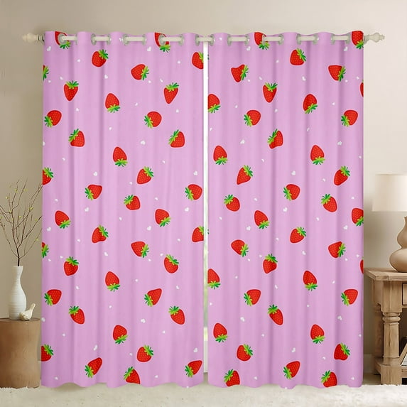jejeloiu Strawberry Black Out Curtains,Heart Print Curtains Pack of 2 (42x63 Each),Pink Red Bedroom Curtains For Girls,Breathable Home Decor