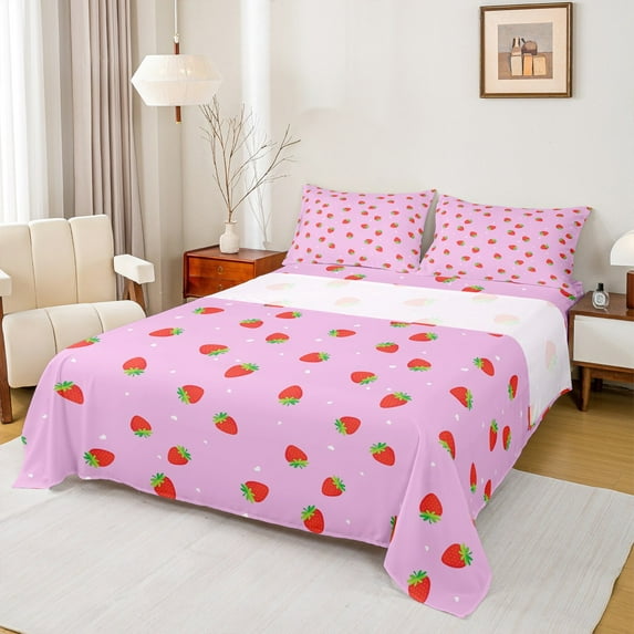 jejeloiu Strawberry Queen Sheet Sets,Heart Print Flat Sheet,Pink Red Queen Fitted Sheet For Girls,Breathable Home Decor,4 Pieces